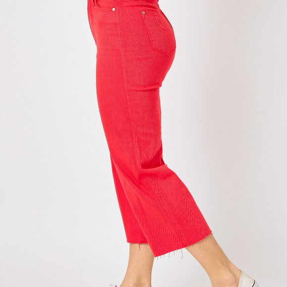 NWT Judy Blue High Waist Red Garment Dyed Tummy Control Crop Wide Leg - Picture 2 of 8